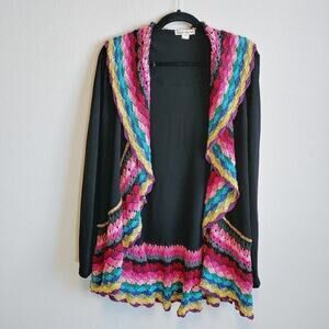 Double Zero Women's Knit Rainbow Crochet Open Cardigan Sz M Grandma Boho
